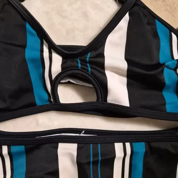 Bikini Bundle (2 Sets) CUPSHE Teal Striped Bikini & Unknown Blue Ruffle - Small - Picture 2 of 10